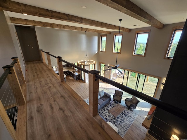 staircase featuring ceiling fan with notable chandelier, beamed ceiling, and hardwood / wood-style flooring