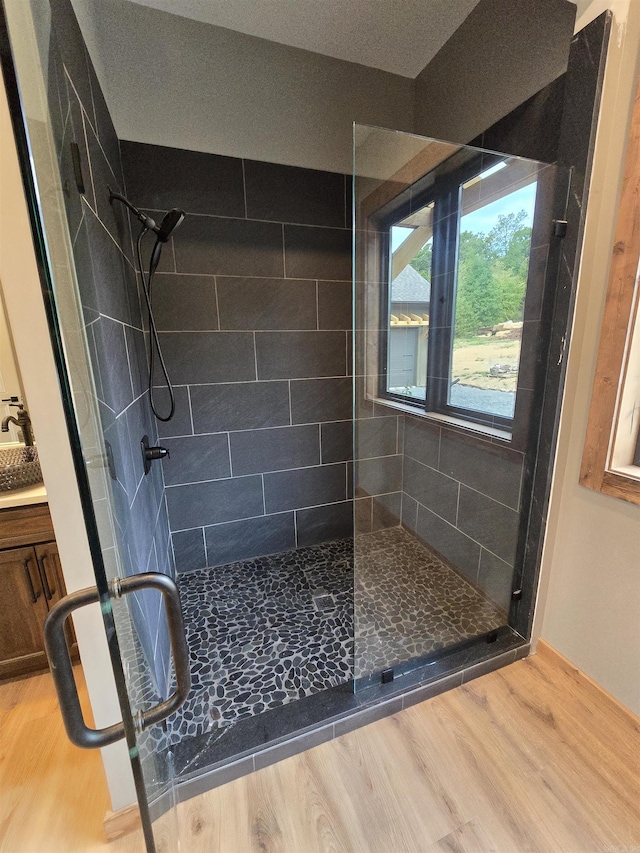 bathroom with walk in shower and wood-type flooring