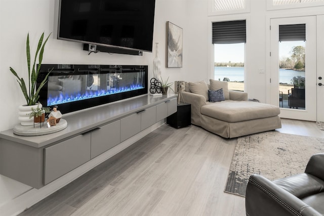 living room with light hardwood / wood-style floors and a water view