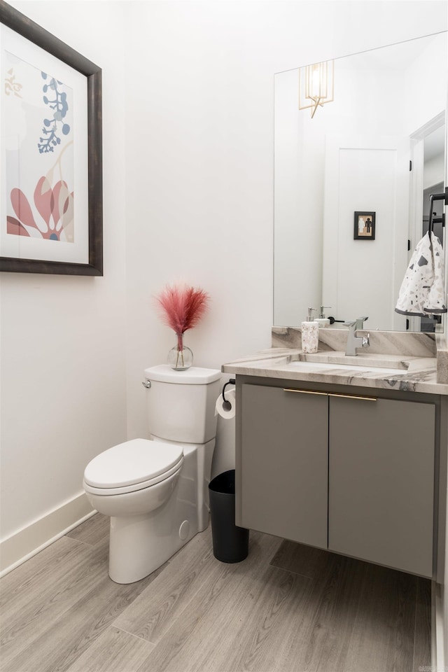 bathroom featuring toilet, wood-type flooring, and vanity