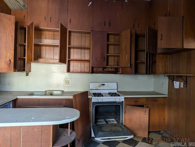 kitchen featuring sink and white range with gas stovetop