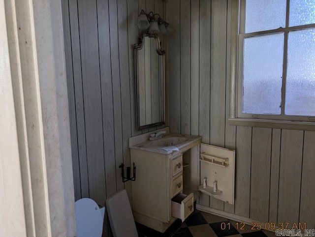 bathroom with vanity, wooden walls, and toilet