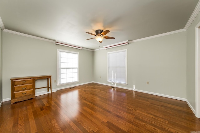 unfurnished room with ornamental molding, dark hardwood / wood-style flooring, and ceiling fan