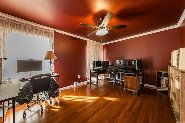 office area featuring ornamental molding, ceiling fan, and dark hardwood / wood-style floors