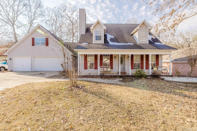 new england style home featuring a front yard, a garage, and a porch