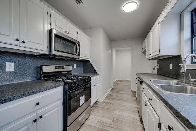 kitchen featuring stainless steel appliances, sink, light hardwood / wood-style flooring, white cabinetry, and backsplash