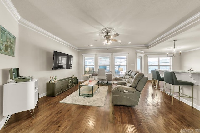 living room with ceiling fan with notable chandelier, plenty of natural light, crown molding, and dark wood-type flooring