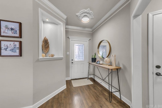 foyer featuring ornamental molding and dark wood-type flooring