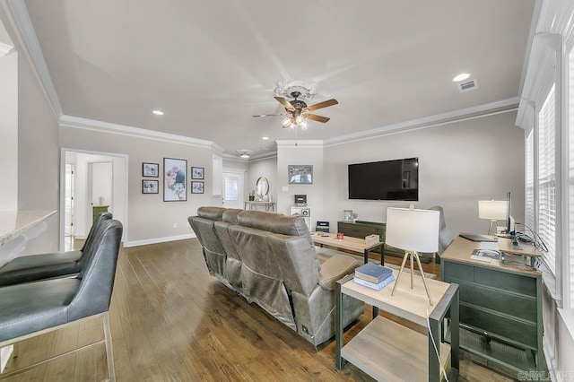 living room with ceiling fan, dark hardwood / wood-style flooring, and crown molding