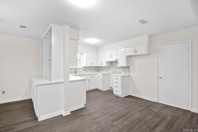 kitchen with sink, white cabinets, a textured ceiling, tasteful backsplash, and dark wood-type flooring