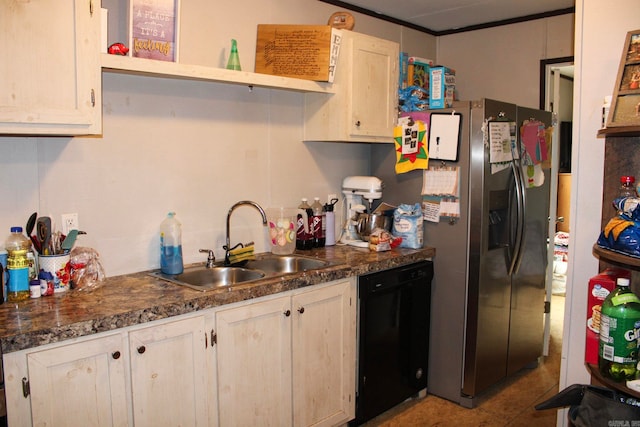 kitchen with stainless steel fridge with ice dispenser, sink, light brown cabinetry, and dishwasher