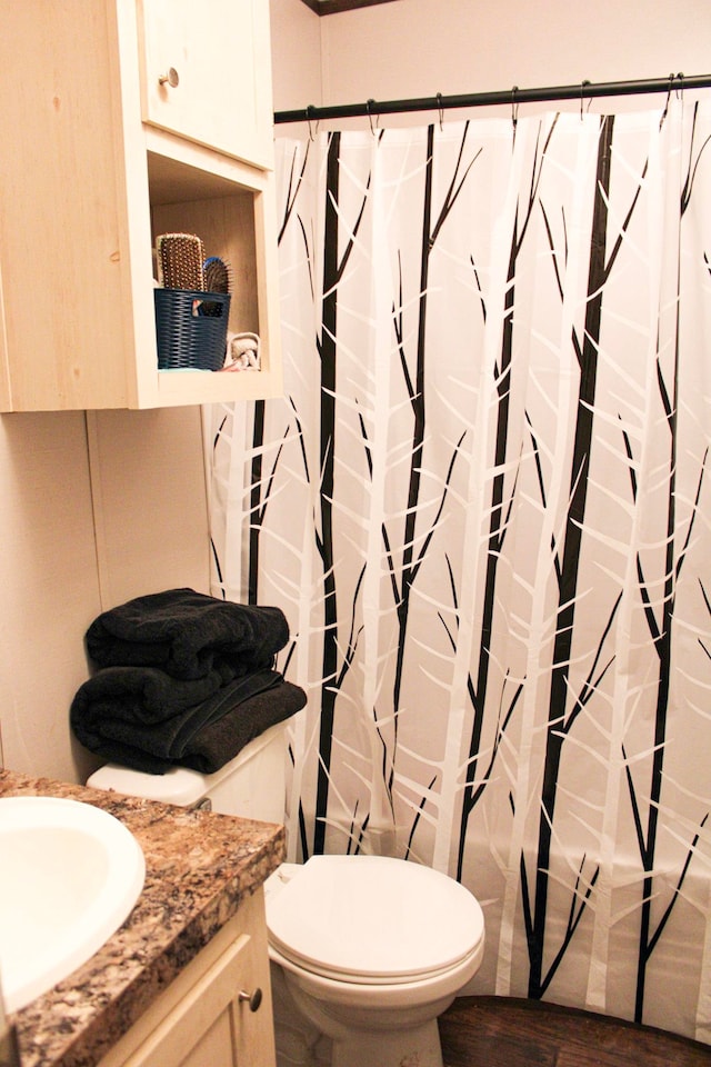 bathroom with toilet, vanity, a shower with curtain, and hardwood / wood-style floors