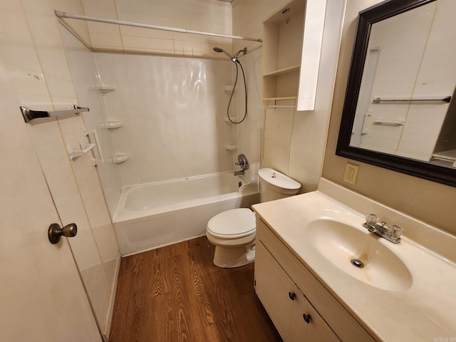 full bathroom featuring shower / bath combination, toilet, vanity, and hardwood / wood-style flooring