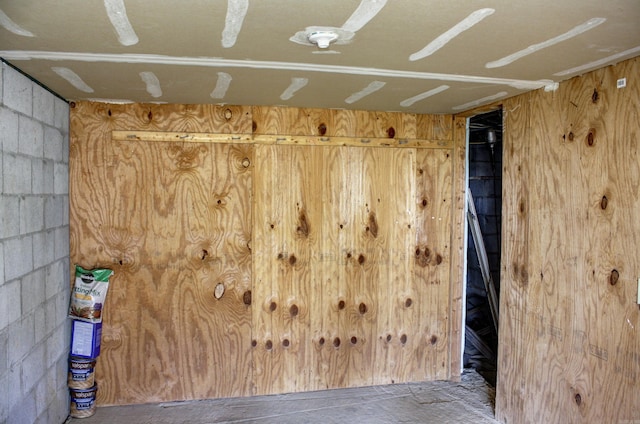 interior space featuring wood walls