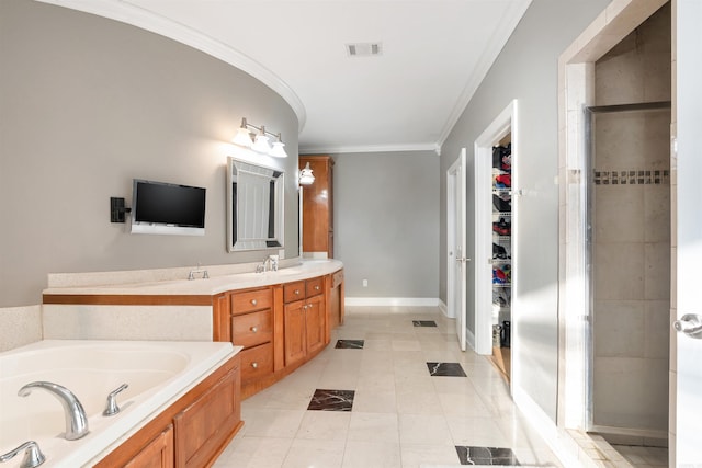 bathroom featuring shower with separate bathtub, ornamental molding, tile patterned floors, and vanity