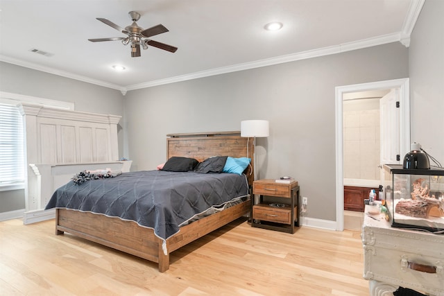 bedroom featuring ensuite bath, light wood-type flooring, ceiling fan, and ornamental molding