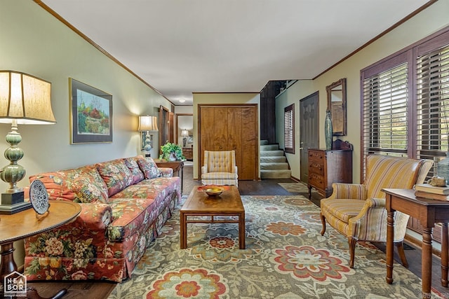 living room with ornamental molding