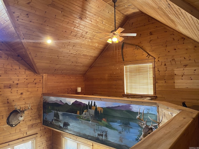 interior details featuring wooden walls, ceiling fan, and wooden ceiling