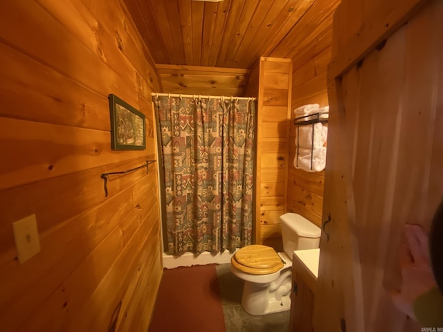 bathroom featuring wood ceiling, wood walls, curtained shower, and toilet