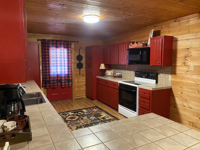 kitchen featuring range with electric stovetop, tile countertops, tasteful backsplash, wood ceiling, and sink