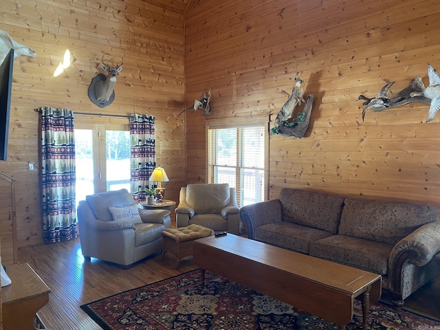 living room with wooden walls and hardwood / wood-style floors