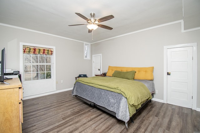 bedroom with ceiling fan, crown molding, and dark hardwood / wood-style floors