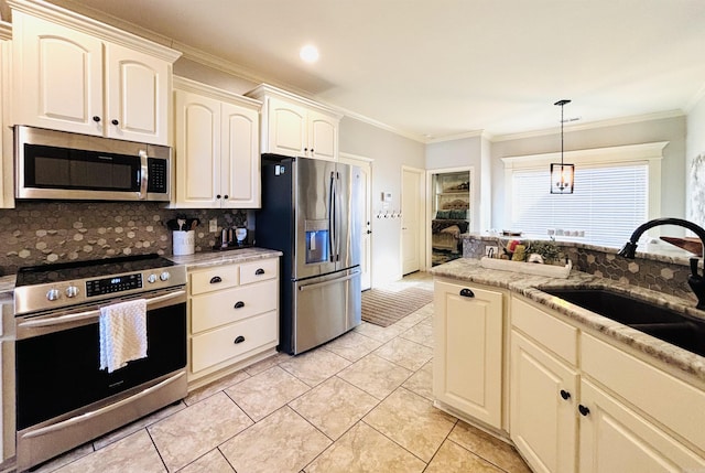 kitchen featuring decorative light fixtures, stainless steel appliances, light tile patterned floors, tasteful backsplash, and sink