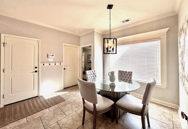 dining space featuring ornamental molding, a notable chandelier, and light tile patterned flooring