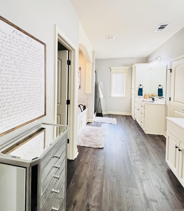 bathroom with vanity and hardwood / wood-style flooring