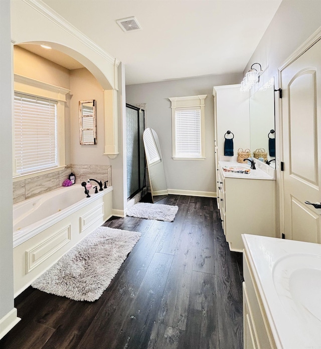 bathroom with plus walk in shower, vanity, and wood-type flooring