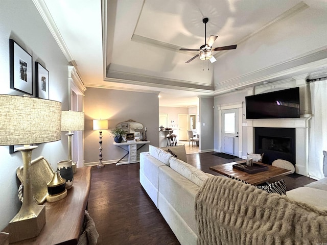 living room with a raised ceiling, ceiling fan, crown molding, and dark wood-type flooring