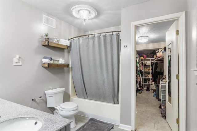 full bathroom with toilet, vanity, and shower / bathtub combination with curtain