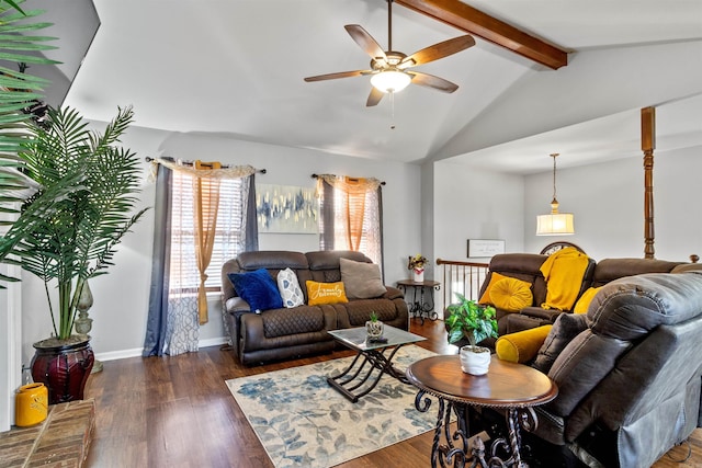 living room with dark wood-type flooring, ceiling fan, and lofted ceiling with beams