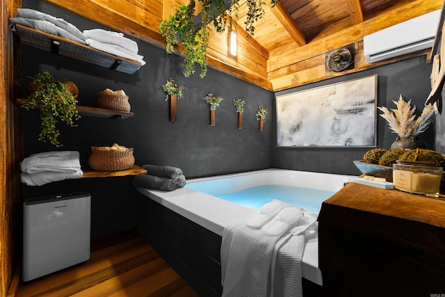 bedroom featuring dark hardwood / wood-style flooring, an AC wall unit, lofted ceiling with beams, and wooden ceiling