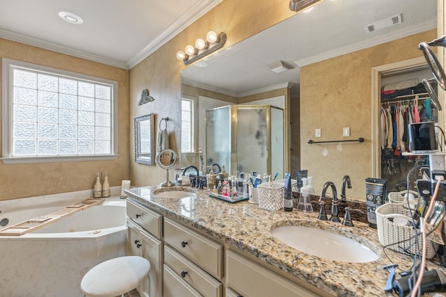 bathroom featuring ornamental molding, plus walk in shower, and vanity