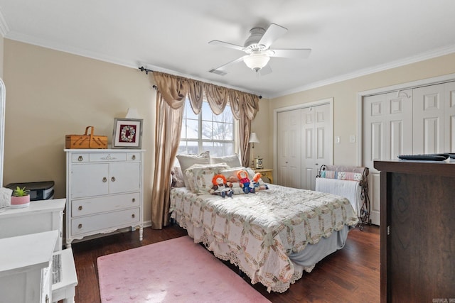 bedroom featuring dark hardwood / wood-style flooring, two closets, ceiling fan, and ornamental molding