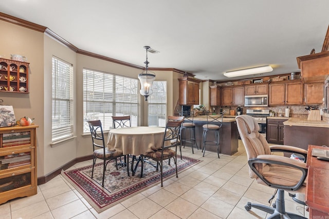 tiled dining area with ornamental molding