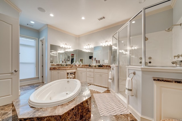 bathroom featuring plus walk in shower, crown molding, and vanity