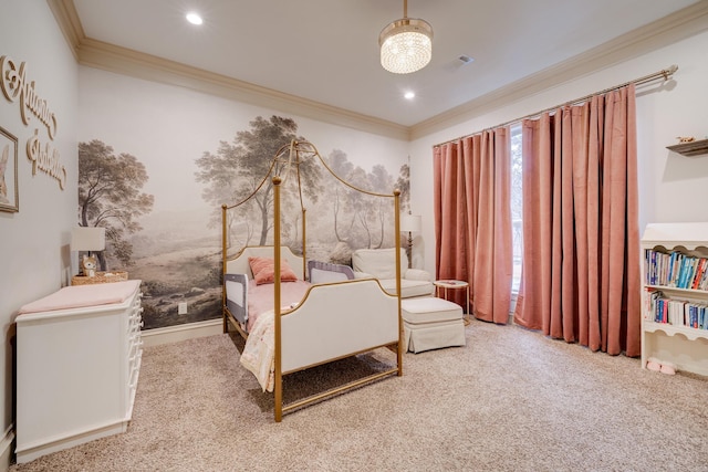 carpeted bedroom featuring ornamental molding