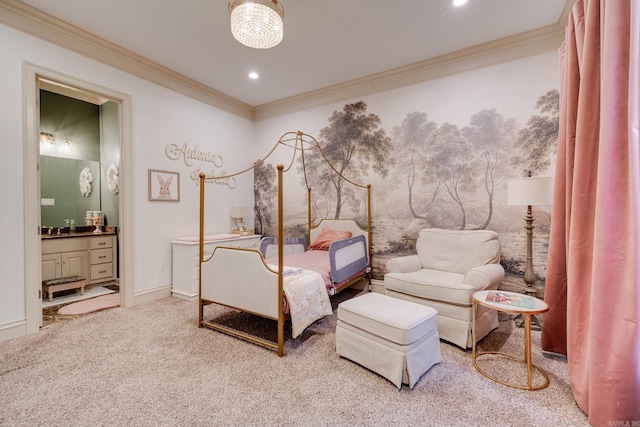 bedroom with ensuite bath, sink, crown molding, and carpet flooring