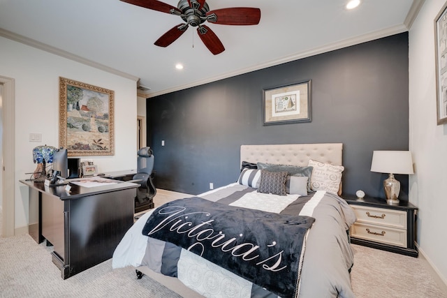 bedroom with ceiling fan, light colored carpet, and ornamental molding