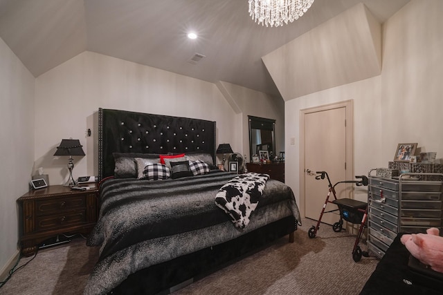 bedroom featuring carpet floors, an inviting chandelier, and lofted ceiling