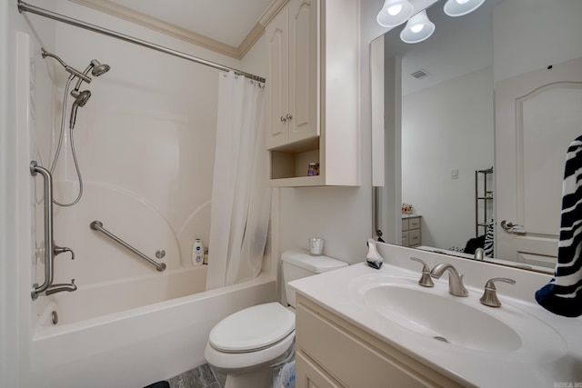 full bathroom with toilet, vanity, and shower / tub combo