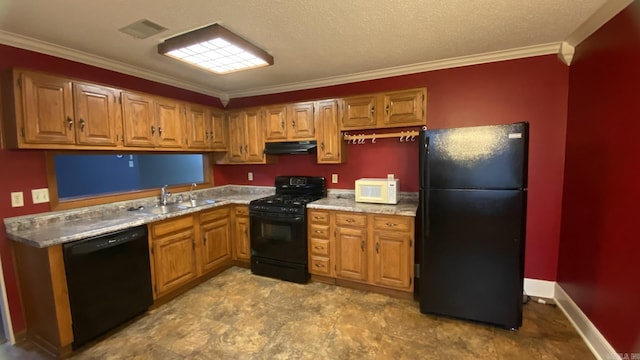 kitchen with black appliances, crown molding, sink, and a textured ceiling