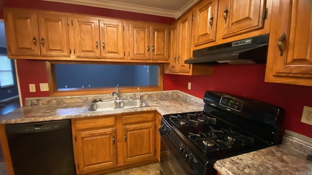 kitchen featuring crown molding, black appliances, and sink