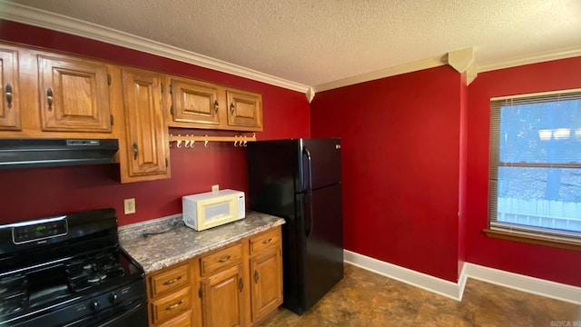 kitchen with range hood, a textured ceiling, black appliances, and crown molding