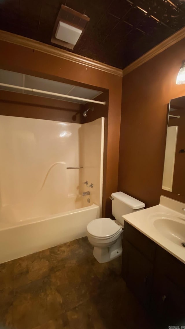 full bathroom featuring shower / tub combination, crown molding, vanity, and toilet