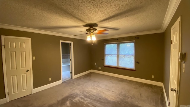 unfurnished bedroom with ornamental molding, a textured ceiling, carpet floors, and ceiling fan