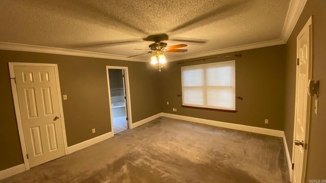 unfurnished bedroom featuring ceiling fan, ornamental molding, carpet, and a textured ceiling