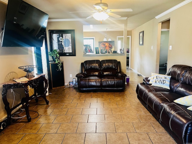 living room featuring ceiling fan and crown molding